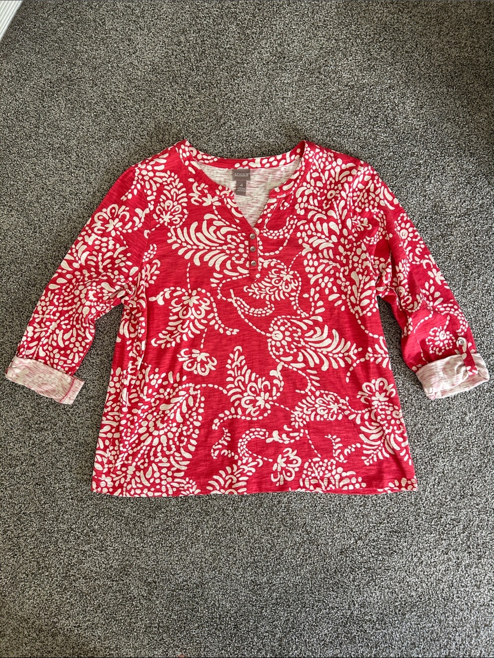 Chico's Pink and Cream Floral Henley Top